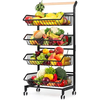Кошница за съхранение на плодове и зеленчуци, 4 нива, количка на колела, черна