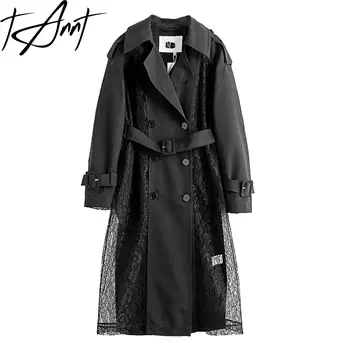 Tannt женски тренч, лейси лоскутная нерегулярная черна ветровка, бъдещите модни дълги палта за жени, новост 2023 година