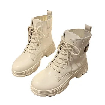 Дамски ботуши с мека подметка, Модерни Кръгли Ботильоны от изкуствена кожа, Зимни Стрейчевые Черни обувки 2022 година, Удобни обувки на платформа, WANA0057