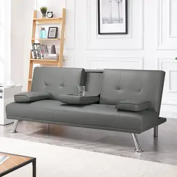 Модерен futon от изкуствена кожа с подстаканниками и възглавници