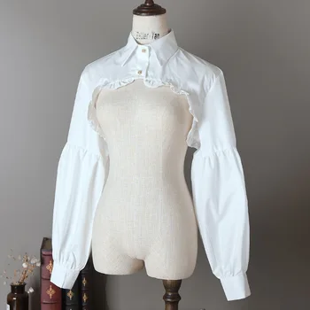 Дамска блуза с буйни горна част и дълги ръкави, изкуствен яка с волани, дамски пуловер с подвижна накладным яка, копчета, декоративен