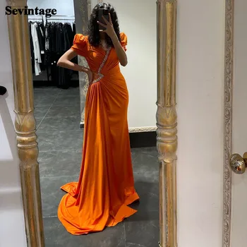 Оранжеви копринени сатенени вечерни рокли-калъф с кристали и къс ръкав, женски рокли за абитуриентски бал, парти рокля за специални случаи