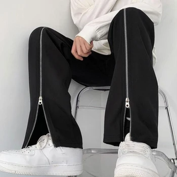 Корейски дизайн с цип, модерен мъжки прави панталони, всекидневни шик черни панталони, персонални модни улични мъжки