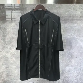 Лятна Мода High Street Нишевый Дизайн, Украсени с цип, Американската Риза С Къси Ръкави Label, Свободна Черна Camisa Social Masculina