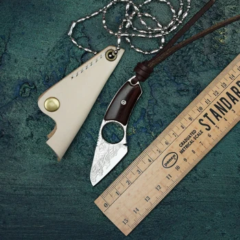 Нож за колиета от дамасской стомана с мадагаскарской дръжка Dalbergia Кухненски нож с фиксирано острие EDC ИНСТРУМЕНТИ Ключодържател ножове с кожени ножнами