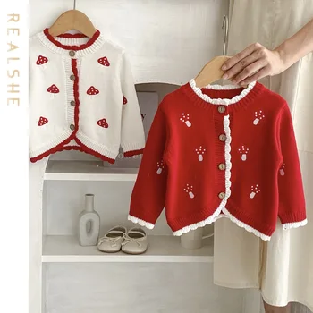 Realshe 2023 Есенна дрехи с бродерия за деца, сладък вязаный пуловер в стил мозайка за момичета, жилетка с дълъг ръкав, връхни дрехи