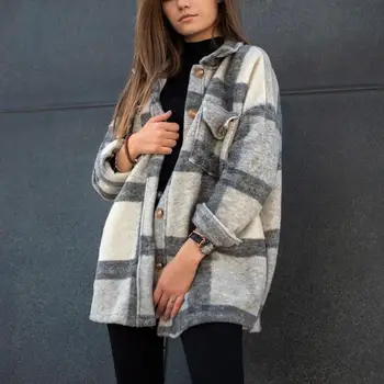 2023 Есенно-зимния женски ежедневното вълна палто в свободна клетка с дълъг ръкав и ревери, ежедневни топли тънки якета, дамски палта