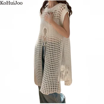 Лятото е отворено трикотажное сетчатое рокля Kohuijoo, женски трикотажное рокля-пуловер без ръкави с висока плътност, свободно бяло