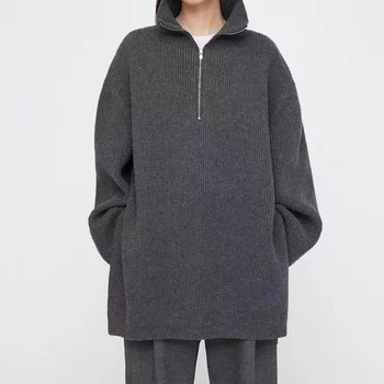 Обикновен есенен нов, мек вълнен плат разрез отстрани, светкавица с високо воротом, възли женски свободните пуловери с дълги ръкави, пуловери