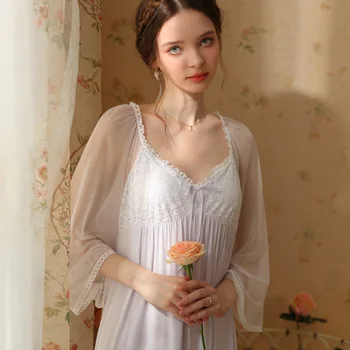 Пролетно-есенен дамски скъпа окото нощница, винтажное модален дантелено дълго нощно рокля с квадратна яка, романтична пижами принцеса