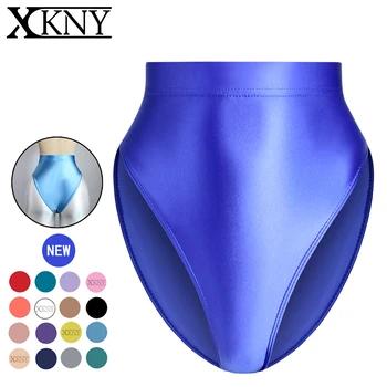 XCKNY, сатен и гланц гащи, сексуална обикновена лъскави панталони, гладки като коприна чорапогащник-бикини с висока талия, гимнастически бельо мазна форма