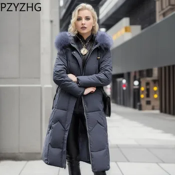 2023 Ново дамско памучно палто с яка от изкуствена кожа, палто с качулка, зимно яке, дамски топли паркове, връхни дрехи е със средна дължина