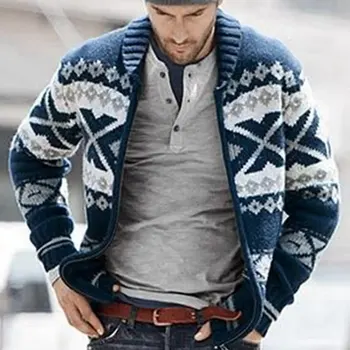 Есенно-зимния мъжки модерен жилетка с цип с ревера, пуловер, жаккардовое вязаное палто с дълъг ръкав