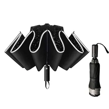 Обърнат чадър, ветрозащитный сгъваем чадър с светоотражающей ивица, 10 ребра, автоматично разкриваща и плик за Преносим пътен чадър