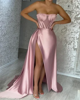 Секси дълга розова луксозна вечерна рокля без презрамки, без презрамки, с цепка, атласное рокля за бала, без ръкави, вечерна рокля с дължина до пода