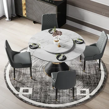 Италиански класически кръгла маса с мраморен плот, модерен маса за хранене във френски стил, маса за хранене от неръждаема стомана