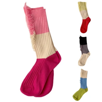 Дамски памучни чорапи за екипажа в стил харадзюку с окъсани пискюли, лоскутные чорапи за скейтборд