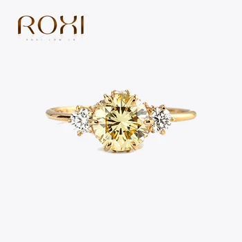 ROXI 925 сребро Кръгли жълти блестящи кристални пръстена на пръста си, за жени, момичета, сватба парти, изискани бижута пръстени anillos