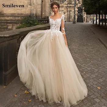 Дантелено сватбена рокля цвят шампанско Smileven, трапециевидное рокля с 3/4 ръкав, 3D апликации, рокли за булката 2020, Robe De Mariee, големи размери