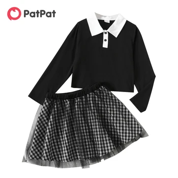 PatPat/комплект от 2 теми, черно поло риза с дълги ръкави за момичета и пола в клетка с мрежесто модел