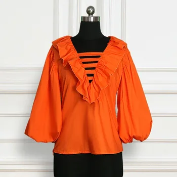 Блузи с ръкав-фенерче и V-образно деколте, дамски Елегантни ризи с волани, отворени за клубни партита, Градинска Дрехи, Нов Оранжев Плюс Размер, Офис облекло