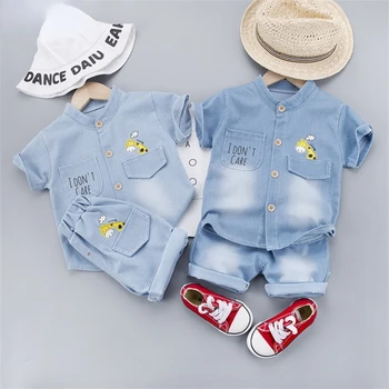 Летен Комплект дрехи за малки момчета, Детски Дрехи, тениски с анимационни Жирафа + Дънкови Шорти, 2 броя, Всекидневен костюм за деца, Спортен Костюм
