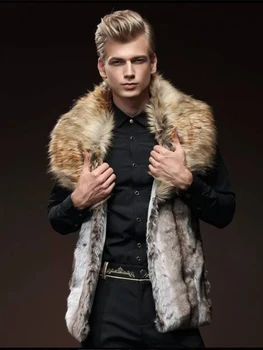 Мъжка жилетка от изкуствена кожа, оборудвана, с ревери, голям кожа яка, къси жилетки, мъжки яке, кафяво кожено яке, зимно топло палто
