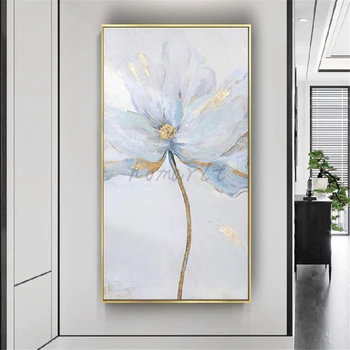 Поп-златна фолио и бели цветя, картини с маслени бои върху платно, монтиран на стената художествен плакат за коридор, интериор за хол