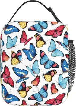 Пъстра пеперуда, преносим чанта за обяд, изолиран обяд-бокс, торби за многократна употреба за жени, мъже, деца, работа, пикник, къмпинг, един размер