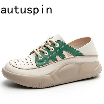 Дамски сандали на равна платформа AUTUSPIN 4 см, студентски ежедневни обувки от естествена кожа в спортен стил, есенни дишащи кухи маратонки