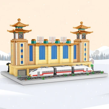 3D модел на DIY Мини Диамантени блокове Тухли Сграда на световната архитектура-Пекин жп гара Кулата Влак е играчка за деца