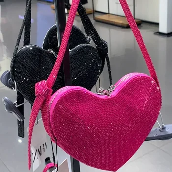 Чанта във формата на сърца, чанта във формата на сърце за Свети Валентин, ярък диамант мини чанта за парти, чанта през рамо, подарък от изкуствена кожа