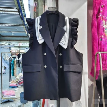 Костюм с волани, елек, жилетка без ръкави, дамско яке 2023, ново палто, корейски модерен жилетка-майк, ежедневни елегантни блузи