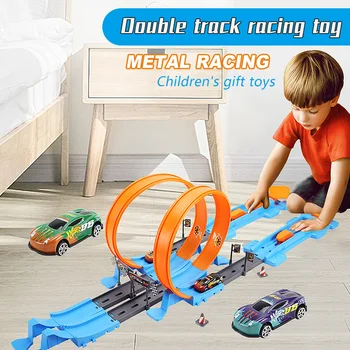 Модел на състезателна писта с двойни колела за трикове, събрани със собствените си ръце железопътни комплекти, катапулт, състезателни коли, играчки за момчета, подаръци за деца