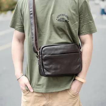Луксозна мъжка чанта-месинджър от естествена телешка кожа в Ретро стил с едно рамо за дневни партита на открито с множество джобове, благородна малка квадратна чанта