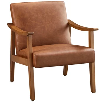 Дизайнерски стол Олдън от изкуствена кожа с дървени подлакътници, светло кафяво
