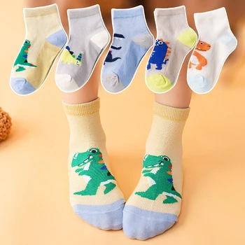 Летни чесаные тънки памучни чорапи дишащи за момчета и момичета, Многоцветни мрежести чорапи с динозавром, чорапи за малки деца, сладки бебешки чорапи с герои от анимационни филми