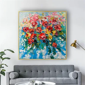 Ръчно рисувани Красива цветна картина на сини цветя, картини с маслени бои Модерен абстрактен декор на стените на хола, Плакат на платно стенопис