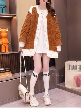 Якета за жени, новост 2023, есенно-зимния свободен вязаный пуловер, жилетка, модерно универсално дамско памучно вязаное палто със средна дължина