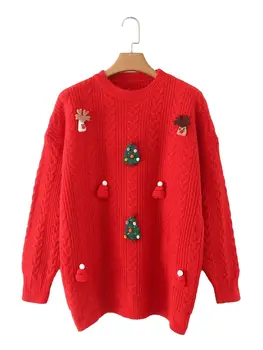 Есен-зима 2022, женски трицветна пуловер свободна е задължителен за употреба със сладка бродерия, през цялата силует, дълъг ръкав, Коледа