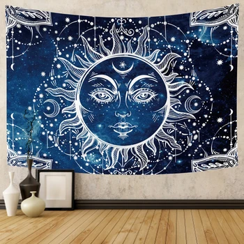 Гоблен-синьо-бяло звездното небе, гоблени, окачена на стената, гоблен с изображение на Слънцето и Луната, стенно изкуство и декорация на спалнята, постелката за йога в хола