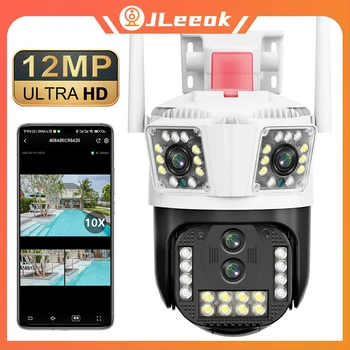 JLeeok 12-мегапикселова четырехобъективная Wi-Fi PTZ камера с три екрана, автоматично следене на лице с изкуствен интелект, 9-мегапикселова камера, външно видеонаблюдение
