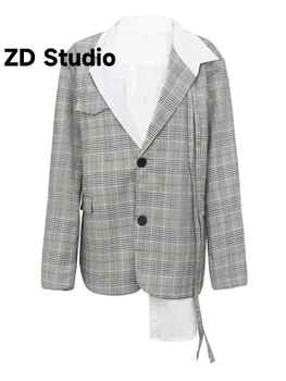 [ZD Studio] Женски сиво ежедневие блейзър в клетката, нов яке свободно с намаляване на ревера и дълъг ръкав, пролет-есен 2023