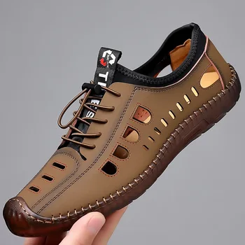 Лятна мъжка кожена ежедневни обувки с мека подметка мъжки сандали с куха шевове ръчно изработени от дишаща работна обувки за мъже