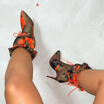 Оранжево-розови пролетно-есенни парусиновые ботуши до средата на прасците, мода тенденция на високи обувки 2020, нова дамски обувки