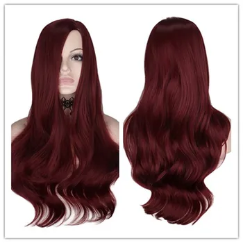 SuQ Женски дълъг вино-червено перука от синтетична естествена коса за cosplay, дълги вълнообразни вечерни червени топлоустойчива модерен перуки за всеки ден