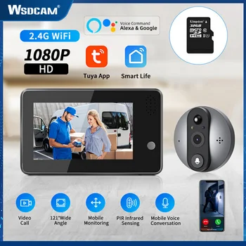Wsdcam Sasha WiFi Безжичен Звънец Камера-Шпионка 4.3-Инчов 1080P HD PIR за Нощно Виждане Звънец Външен Монитор Умен Дом