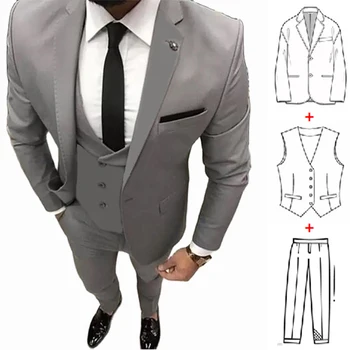 Грей мъжки костюм от 3 теми за сватби, изработена по поръчка на младоженеца, сватбена смокинг, костюм най-добрият човек, официален мъжки костюм (яке + жилетка + панталони)