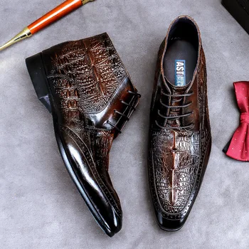 По-големи размери, Нови, мъжки Официални обувки, Мъжки Ботильоны в бизнес стил, Черно-Кафяви Обувки с кръгло бомбе, Класически обувки от Крокодилска кожа, Мъжки
