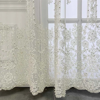 Френски прозрачен тюл, расшитый бели перли, Луксозни завеси за тераси, спалня, хол, завесата на прозореца, романтична сватба завеси